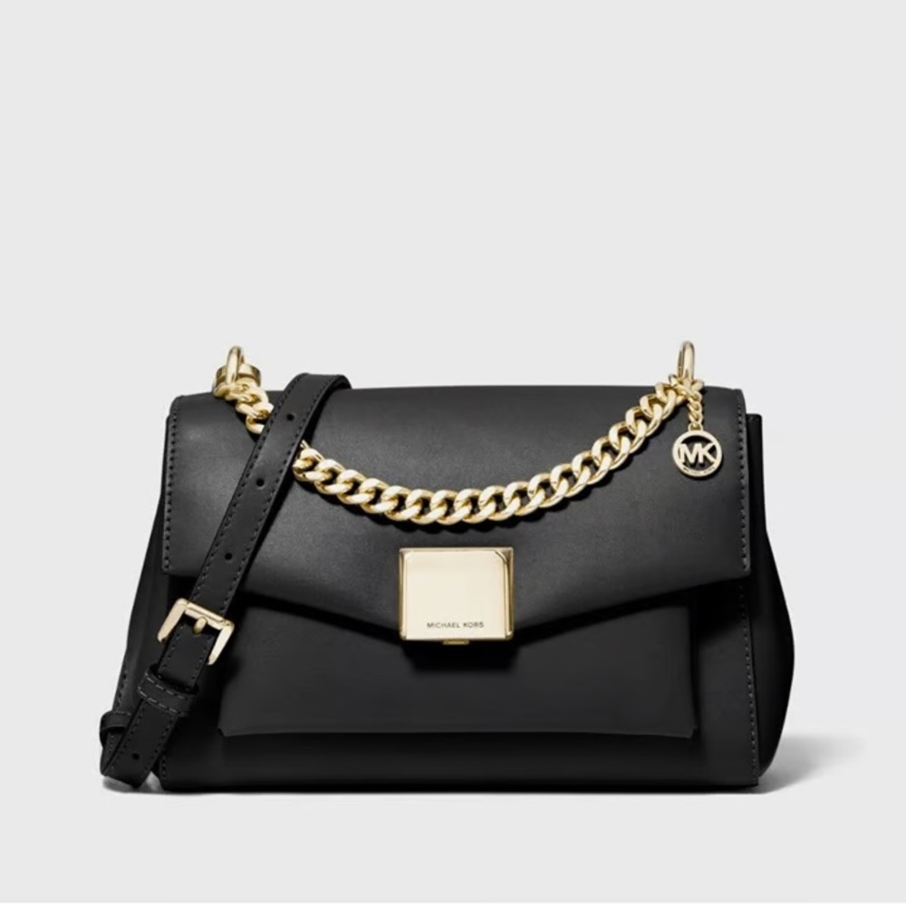 Michael Kors Lita Medium Black Leather Gold Chain Crossbody Bag Purse NWOT